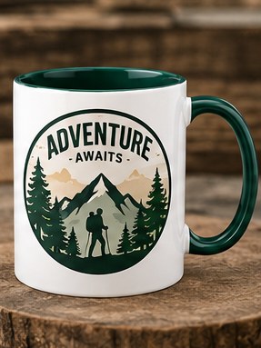 Custom rainbow landscape art mug — full-colour sublimation on yellow mug